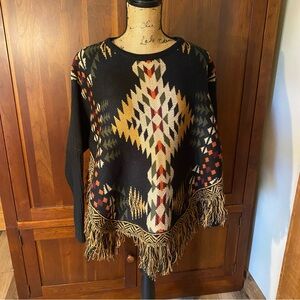 Cotton & Rye Women’s Poncho Sweater with Fringe Aztec Black Multi Size Medium